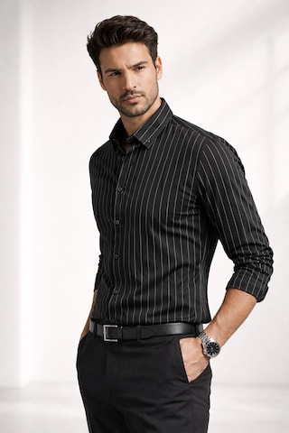 Classics Men Jet Polo Uzun Kol Slim Fit Erkek Çizgili Gömlek - 7574 Siyah