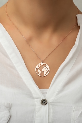 Papatya Silver Dünya Haritası Kolye Halka Formda Rose Altın Kaplama 925 Ayar Gümüş - UVPS100181