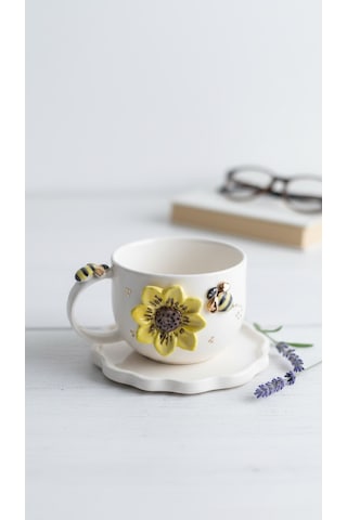 24k Altın El Yapımı Ayçiçeği Ve Vız Vız Arı Temalı Seramik Mug Altın - Sarı