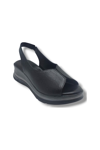Ellanor S-564-26 Hakiki Deri Anatomik Dolgu Taban Kadın Sandalet Siyah