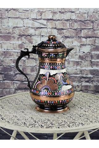 Gül Çiçek Kapaklı Klasik İşlemeli Bakır Sürahi