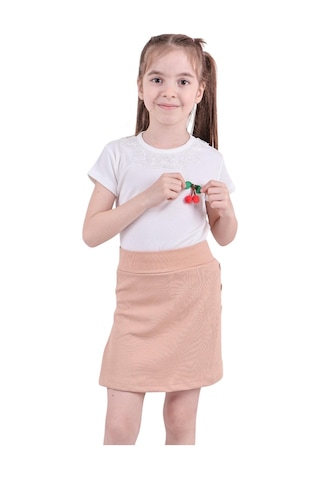 Erdem Kıds Kız Çocuk T-shirt Yakası Dantelli Kiraz Ve Düğme Detaylı Şort Etek Bluz Yazlık Ikili Takım Bisküvi Bisküvi