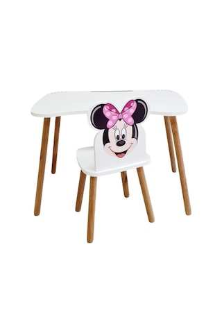 Liva Ahşap Ders Çalışma Masa Sandalye Takımı 4-12 Yaş Kişiye Özel Isimlik Hediyesi Ile Birlikte Pembe Minnie Mouse