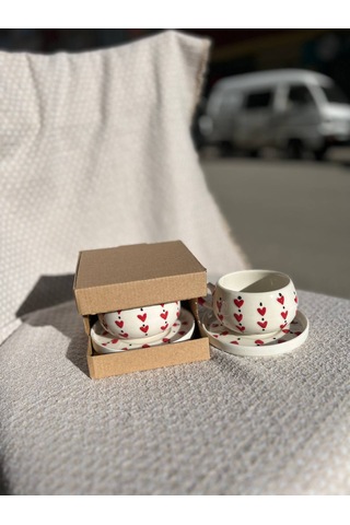 El Yapımı Seramik Kupa, Mug, Türk Kahvesi Bardağı Kalp Desenli