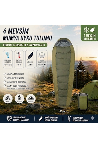 4 Mevsim Mumya Tip Uyku Tulumu -10 C Konforlu Kamp Uyku Tulumu Yıkanabilir Yeşil