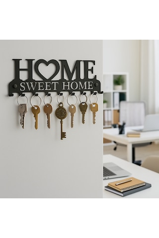 Lunoart Dekoratif Metal Anahtarlık Askılığı Giriş İçin Home Sweet Home Tasarımı Siyah
