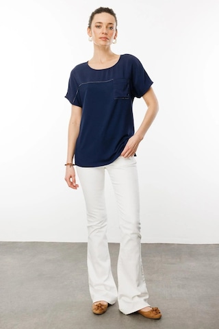 Desen Triko Kadın Sıfır Yaka Önü Cepli Penye T-shirt 25830 Lacivert Lacivert
