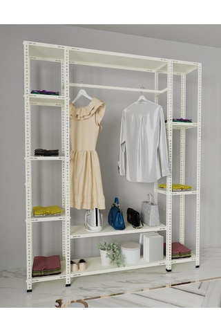 Rafburada® Krem Renk Metal Açık Gardırop 31x155x200 Kırık Beyaz