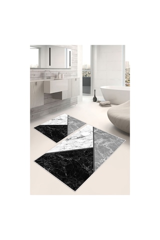 Modern Geometrik Desenli Dijital Baskılı Yıkanabilir 2li Banyo Paspası Gri