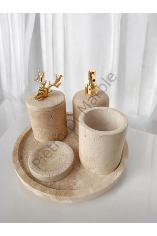 Sarı Traverten Klasik Model 5 Parça Gold Renk Geyik Aksesuarlı Banyo Seti Sarı Traverten