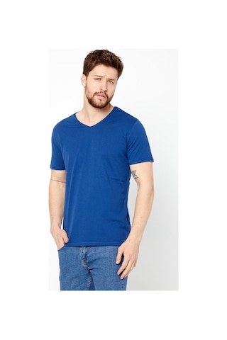 Erkek Indigo %100 Pamuk Basıc Regular Fit Pamuklu Kısa Kollu V Yaka T-shirt İndigo