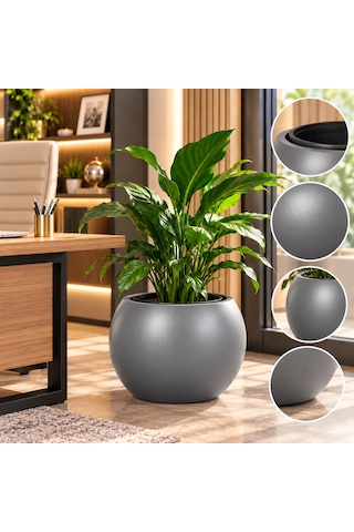 Büyük Boy Gri Yuvarlak Saksı Modern Dekoratif İç Dış Mekan Bitki Saksısı İç Saksılı -