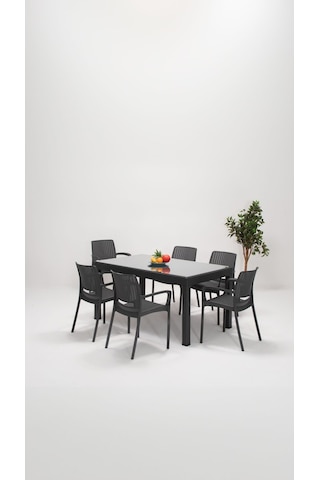 Rattan Lüx Camlı 90x150 Bahçe&balkon&teras Masa Seti - Antrasit Gri