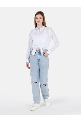 Colin's Colins Regular Fit Shirt Yaka Desenli Mavi Kadın Uzun Kol Gömlek Cl1068907 Q1.v1 Lbl Açık Mavi