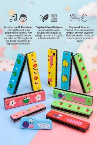 3'lü Ahşap Çocuk Mızıka Seti 16 Delikli 12cm Renkli Eğitici Ahşap Oyuncak Müzik Aleti Mızıka