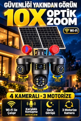 4 Kameralı 3 Motorize Ptz Kamera Wifi Çift Solar Panelli 10x Optik Zoom Uyarı Işıklı Güvenlik Kamerası