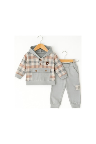 For My Baby Kapüşonlu Ekose Detaylı Bebek Takımı Gri