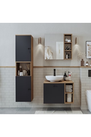 Lavabolu Mdf 65 Cm Lotus Çekmeceli Banyo Dolabı + Aynalı Üst Dlp Atlantik Çam - Antrasit