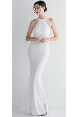 Hanife Glam Couture Hanife Glam Halter Yaka Taş Tasarımlı Pul Payet Abiye Elbise Beyaz