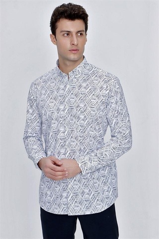 Koyu Lacivert Uzun Kol Baskılı Düğmeli Yaka Cepli Comfort Fit Rahat Kesim Klasik Gömlek 1004225201-koyu Lacivert Koyu Lacivert