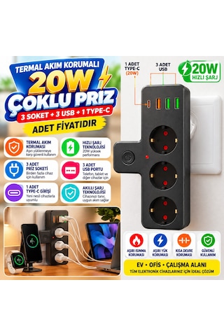 Yumurcak Shop Termal Akım Korumalı 3 Adet Soket,3 Adet Usb Ve 1 Adet Type-c Girişli 20w Priz Model 3397 Adet dır