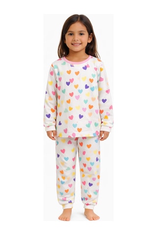 Minik Renkli Kalpler Kız Çocuk Pijama Takımı Beyaz