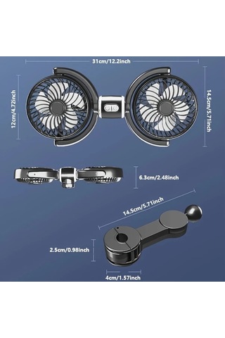 Xuweiwei Siyah Araba Vantilatörü Çift Başlıklı Ayarlanabilir Hızlı Yüksek Hava Akışlı Arka Koltuk Fanı
