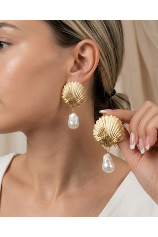 İstiridye Midye İnci Model Sallantılı Vintage Küpe Gold