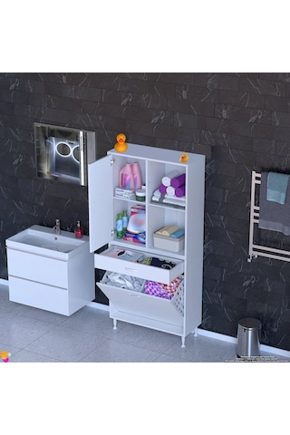 Modilayn Afra 80x173x32,5cm 1 Çekmece, 2 Göz Sepet, 1 Kapak, 4 Raf Dar Alan Banyo Dolabı Beyaz