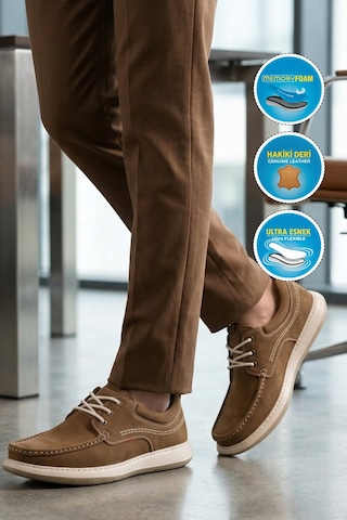 Voyager Erkek Kum Nubuk Memory Rahat Taban Hakiki Deri Bağcıklı Smart Casual Ayakkabı 6502 M Bej