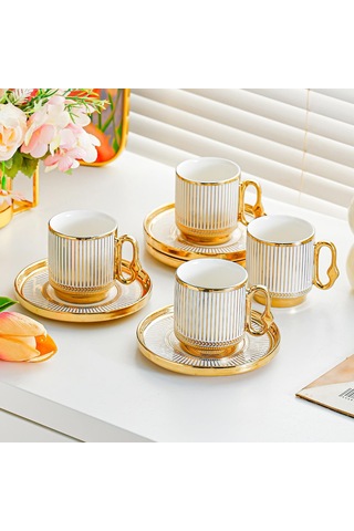 Valkyrie 12 Parça 6 Kişilik Türk Kahvesi Fincan Takımı 80ml Gold Detaylı 6 Fincan 6 Tabak K651-a