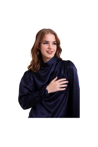 Mois Atelier Lacivert Saten Büzgülü-Pileli Bluz, Tasarım, Büyük Beden, Tesettür
