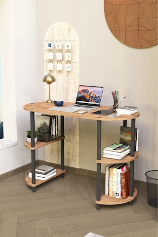 Soft Oval Çalışma Masası Çok Raflı Bilgisayar Masası Modern Ofis Ve Ev Çalışma Masası Meşe
