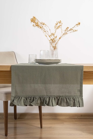 Rivaistanbul Ruffle Haki Fırfırlı %100 Pamuklu Ham Keten Runner 50x130 Cm Haki