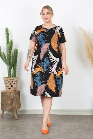 Kadın Turuncu Mavi Tüy Desen Midi Elbise Turuncu