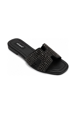 N Napa Shoe Np.1050.gümüş Taşlı Kadın Siyah Taşlı H Bant Düz Terlik Günlük Şık Ve Konforlu Yazlık Terlik