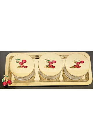 Atabey Home Collection 3'lü Kirazli Gold Tepsili Kase Seti & Şekerlik & Sunumluk & Çerezlik