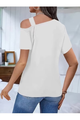 Mareandpanda Kadın Kısa Kollu Asimetrik Yaka Detaylı Viskon Bluz Beyaz