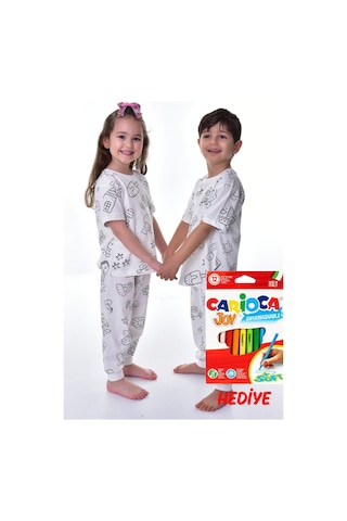 Zuzunga En Sevimli Figürler Özel Kalemi İle Boyanabilir Çocuk Pijama Takımı 12'li Kalem Seti Beyaz