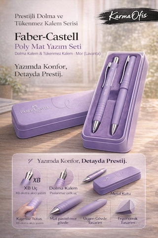 Faber-castell Poly Mat Yazım Seti Mor Lavanta Dolma Kalem & Xb Tükenmez Kalem + Metal Kutu Diğer