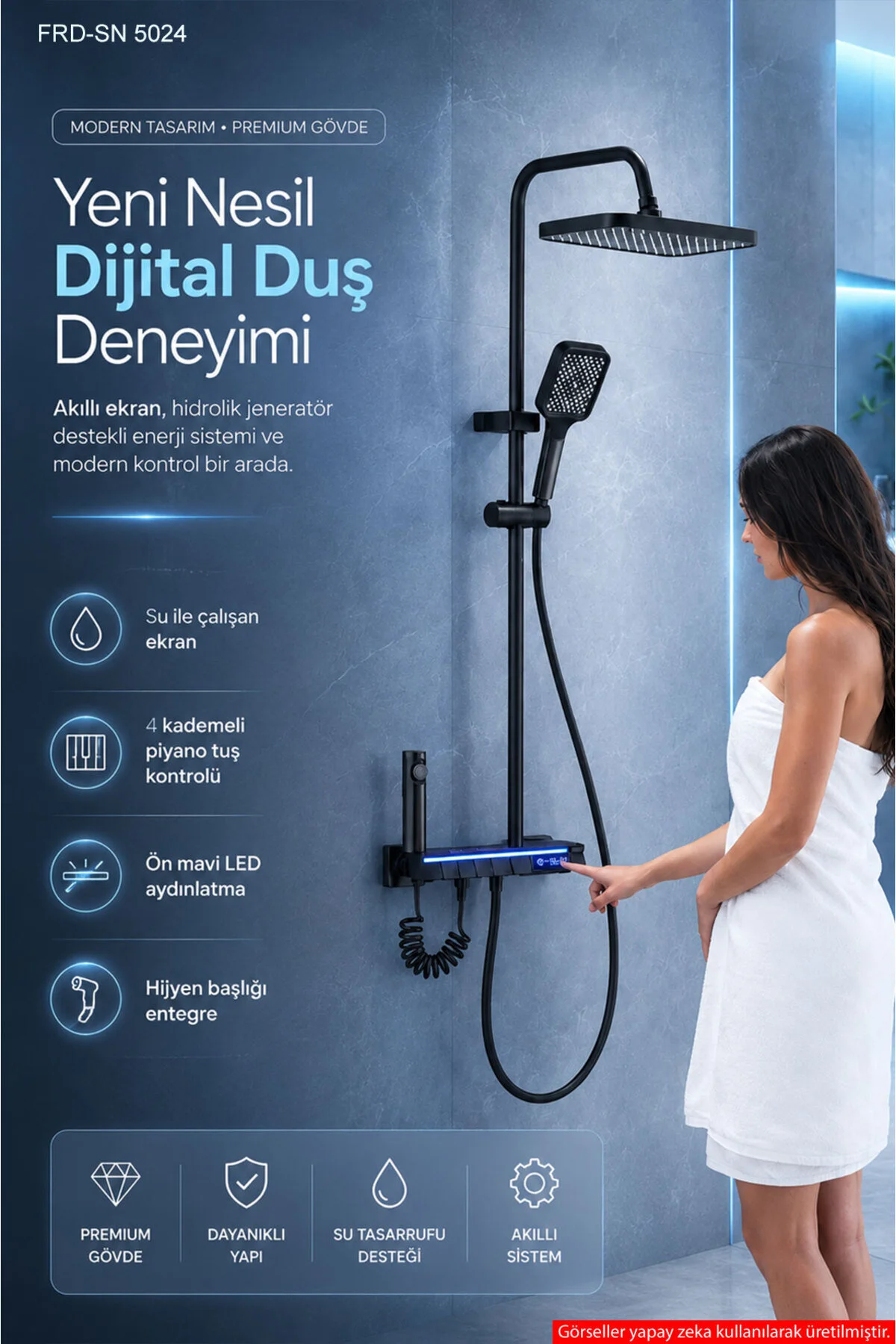 Piyano Tuşlu Dijital Duş Seti Freddo 4 Fonksiyonlu Led Ambiyans Işıklı Termostatik Akıllı Duş Seti, Yağmurlama Tepe Duş + El Duşu + Banyo Bataryası Antrasit Frd-sn 5024 Siyah