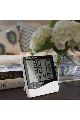 İç Ve Dış Ortam Sıcaklığını Ölçebilen Lcd Ekran Saat Göstergeli Alarmlı Nem Ölçer Termometre 5365