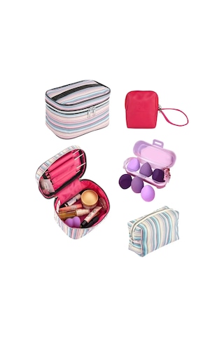 4'lü Makyaj Organizeri Kozmetik Çanta Seti & 3'lü Makyaj Süngeri - Çizgi Desenli