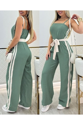 Efnaz Style Kadın Ip Askılı Straplez Belden Kuşaklı Viskon Iki Iplik Tulum Yesil