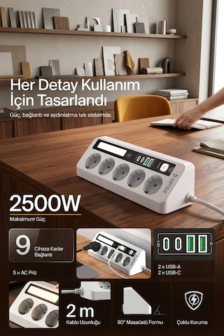 Akım Korumalı Dokunmatik Led Işıklı Priz 5'li + 2x Usb-a + 2x Usb-c 2 Metre Kablo 2 M
