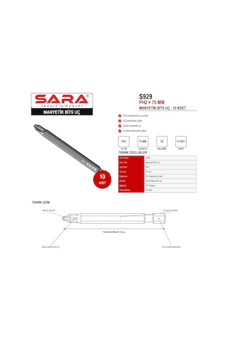 Sara S929 Ph2 75 Mm Manyetik Bits Uç 10 Lu Sara S929 Ph2 75 Mm Manyetik Bits Uç 10 Lu
