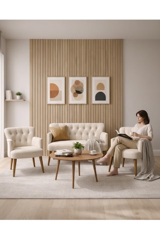 Babyface Kumaş Modern Çay Seti Koltuk Takımı 2+1+1 Ahşap Ceviz Ayak Krem Krem