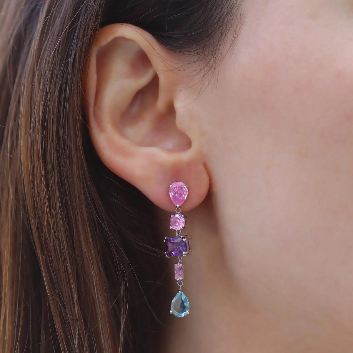 Renkli Damla Taşlı Gümüş Küpe Gümüş