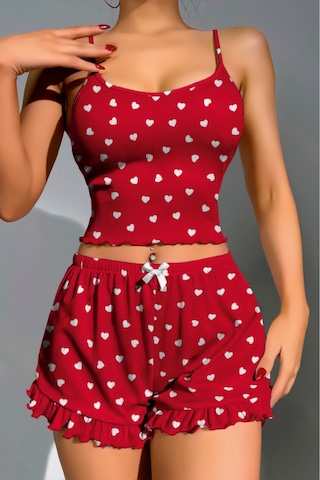 Lily Bianca Nightwear Askılı Göbek Kısmı Dekolteli Fiyonk Detaylı Ve Şortlu Penye Gecelik Kırmızı