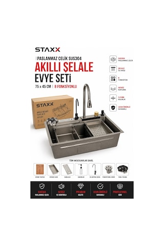 Staxx 2senew Sus304 Akıllı Şelale Evye İstasyonu 75x45 Cm 8 Fonksiyon Premium Ankastre Mutfak Evye Antrasit Gri